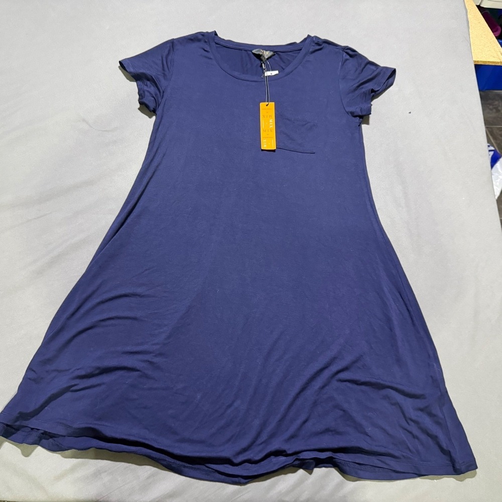 MIX by 41 Hawthorn T-Shirt Dress Womens Large Navy Blue Pocket Rayon Spandex NEW